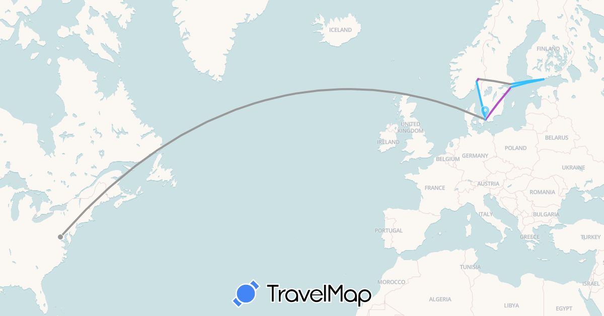 TravelMap itinerary: driving, plane, train, boat in Denmark, Finland, Norway, Sweden, United States (Europe, North America)